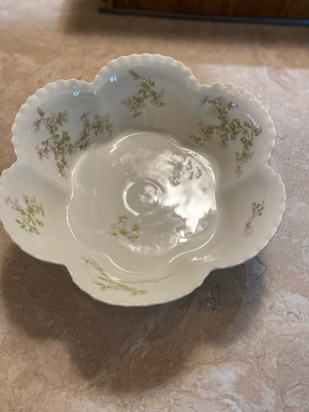 Haviland White Scalloped Porcelain Bowl with Pink Floral Sprays and Green Leaves